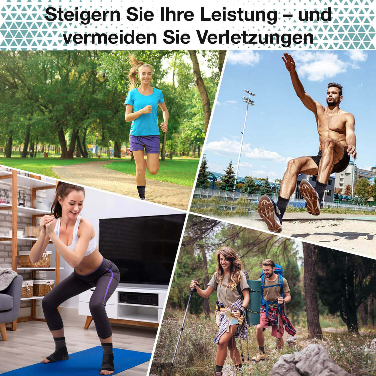 Aktive Menschen in verschiedenen Sportarten, die die SaniFlex Fußbandage zur Leistungssteigerung nutzen.