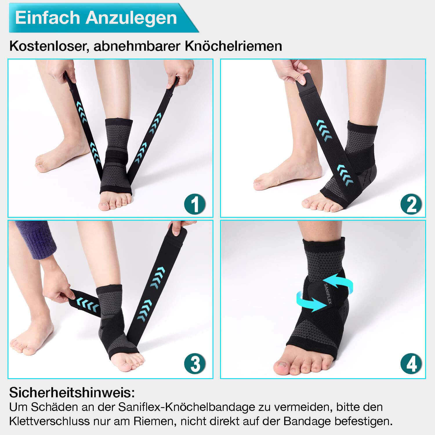 Schritt-für-Schritt-Anleitung zur Anwendung der SaniFlex Fußbandage mit abnehmbarem Knöchelriemen.